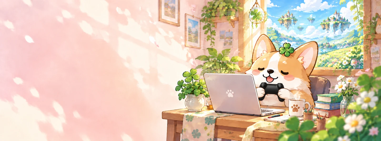クローバーを頭にのせたコーギーが、ノートパソコンの前でゲームのコントローラーを持ってくつろいでいる絵
